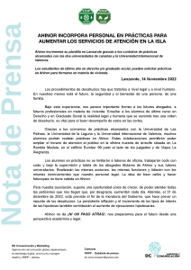Lee más sobre el artículo Nota de prensa AHINOR incorpora personal en prácticas en Lanzarote